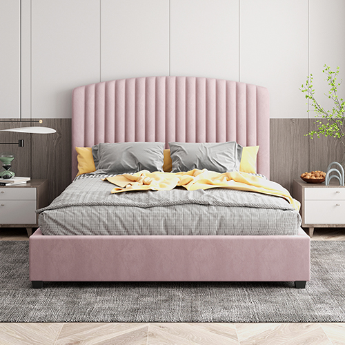 Camelia Pink Velvet Upholstery High Quality Slats Metal Structure Bed Frame in Multiple Sizes